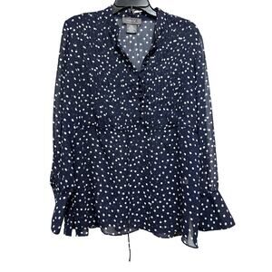 George by Mark Eisen Blouse Size M Blue White Polka Dot Sheer Long Sleeve V Neck